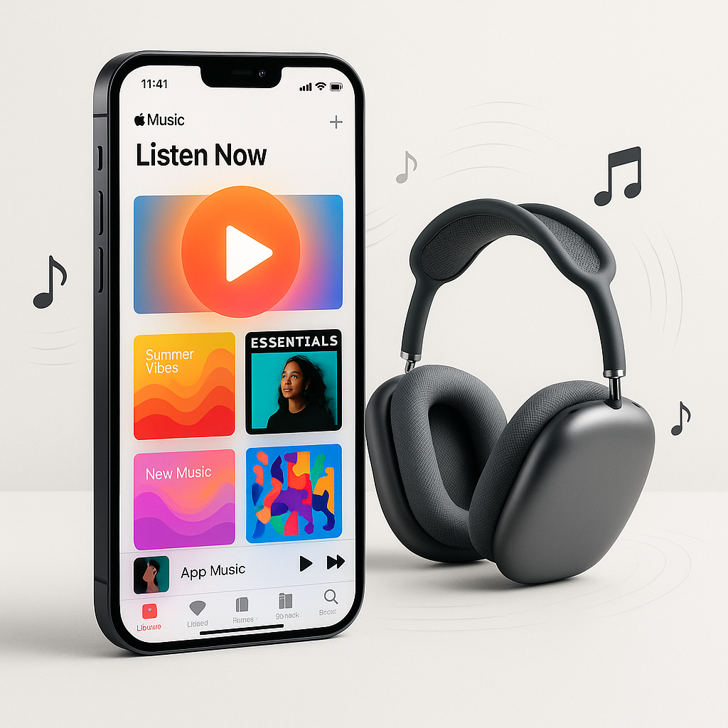 iPhone mit AirPods Max und Apple Musik