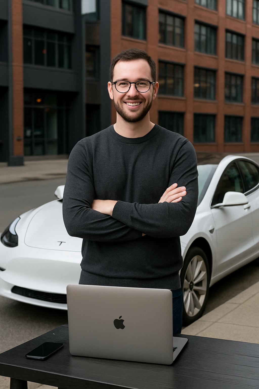 Mann vor Tesla mit Macbook Mann vor Tesla mit Macbook